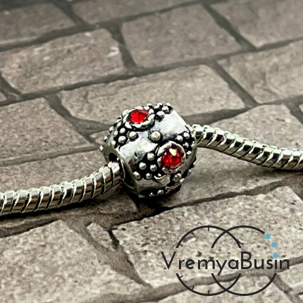 Бусина металлическая со стразами, 9х12 мм, цв. красный  (1 шт.)