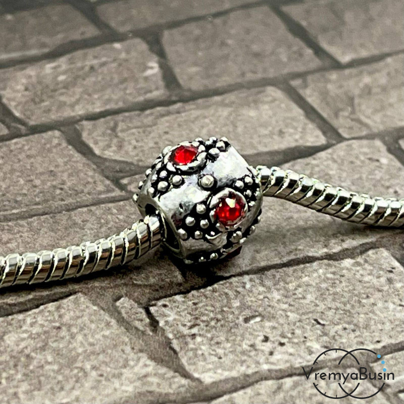 Бусина металлическая со стразами, 9х12 мм, цв. красный  (1 шт.)