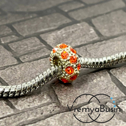 Бусина металлическая со стразами, 11х5 мм, цв. оранжевый  (1 шт.)