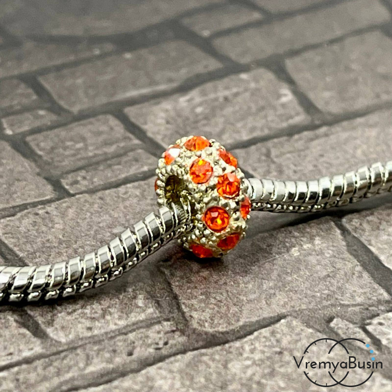 Бусина металлическая со стразами, 11х5 мм, цв. оранжевый  (1 шт.)