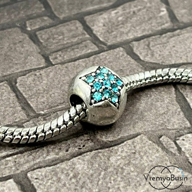 Бусина металлическая со стразами, шарик 10х12 мм, цв. бирюзовый  (1 шт.)