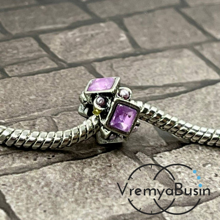 Бусина металлическая с акриловыми стразами, 12х7 мм, цв. сиреневый  (1 шт.)