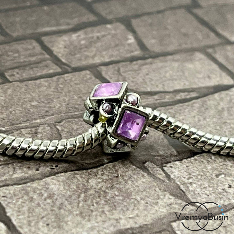 Бусина металлическая с акриловыми стразами, 12х7 мм, цв. сиреневый  (1 шт.)