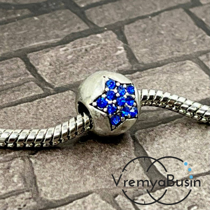Бусина металлическая со стразами, шарик 10х12 мм, цв. синий  (1 шт.)