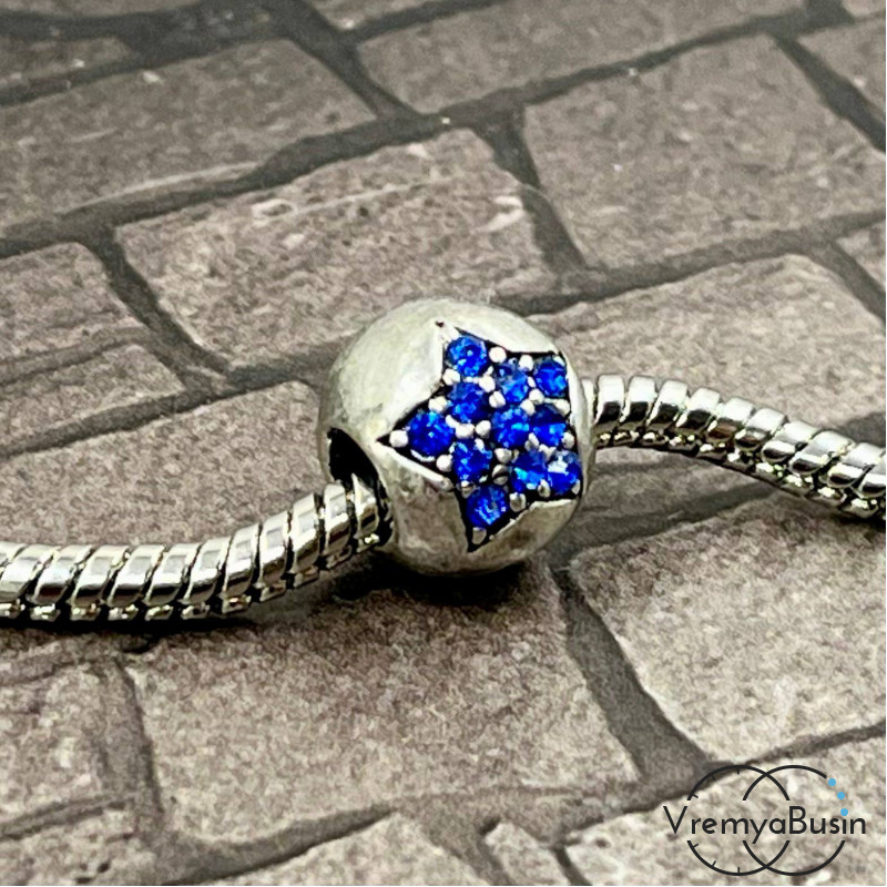 Бусина металлическая со стразами, шарик 10х12 мм, цв. синий  (1 шт.)