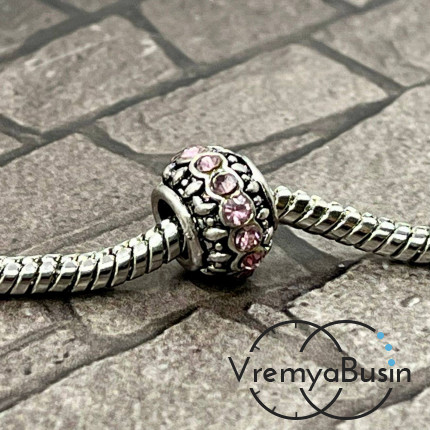 Бусина металлическая со стразами, 10х7 мм, цв. розовый  (1 шт.)