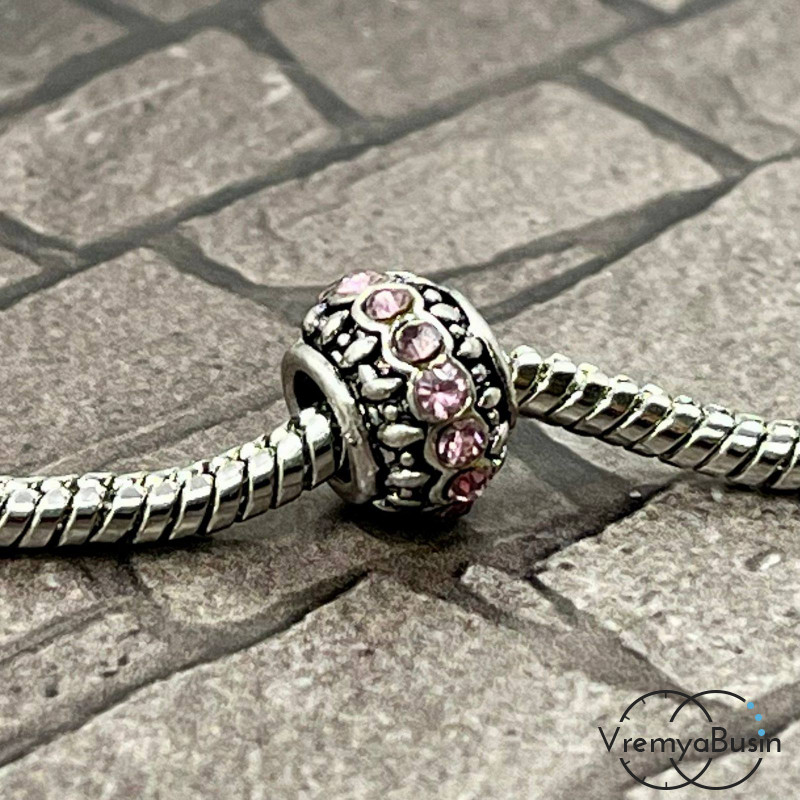 Бусина металлическая со стразами, 10х7 мм, цв. розовый  (1 шт.)