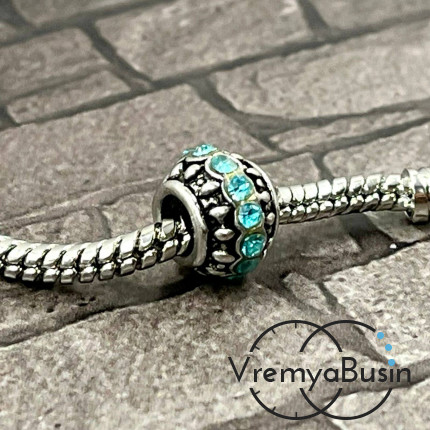 Бусина металлическая со стразами, 10х7 мм, цв. бирюзовый   (1 шт.)