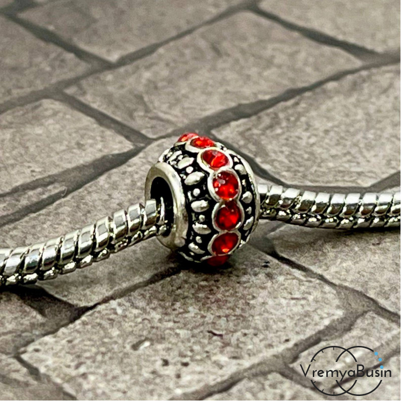 Бусина металлическая со стразами, 10х7 мм, цв. красный  (1 шт.)