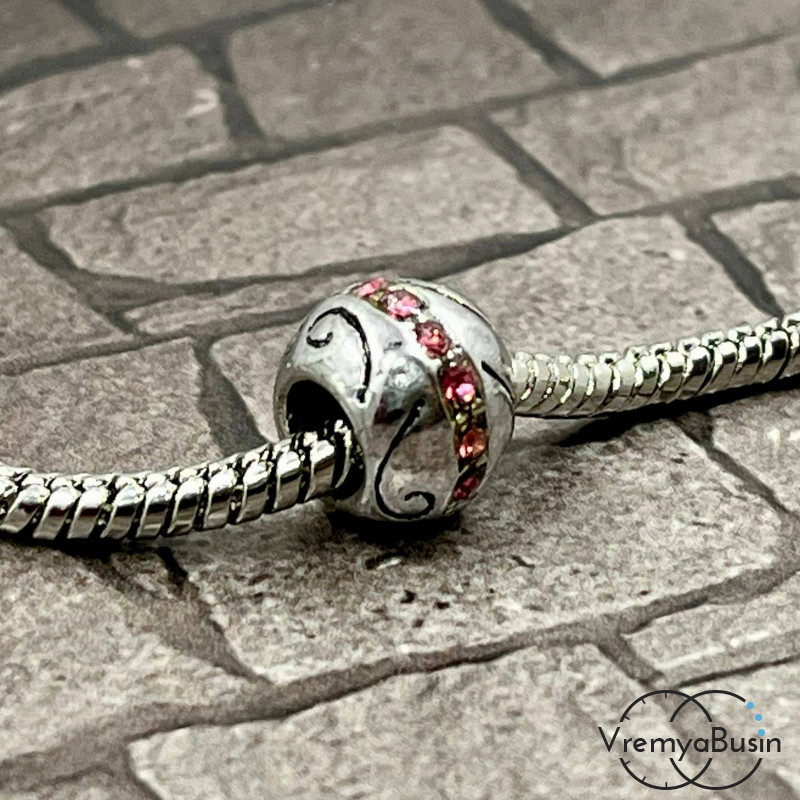 Бусина металлическая со стразами, 11х8 мм, цв. розовый   (1 шт.)