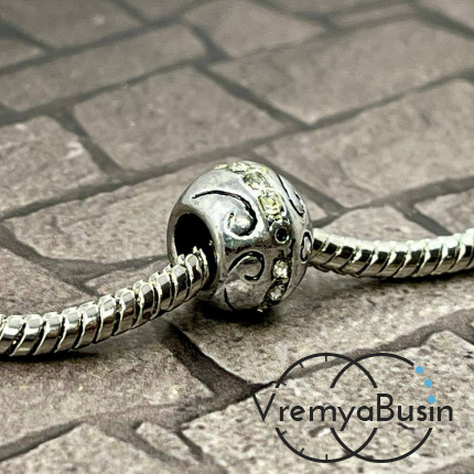 Бусина металлическая со стразами, 11х8 мм, цв. белый  (1 шт.)