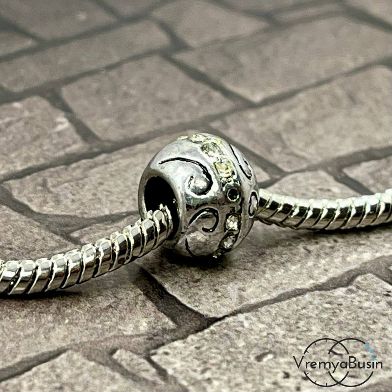 Бусина металлическая со стразами, 11х8 мм, цв. белый  (1 шт.)