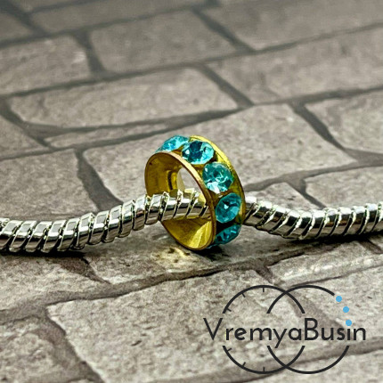 Бусина металлическая со стразами, кольцо 10х4 мм, цв. бирюзовый  (1 шт.)