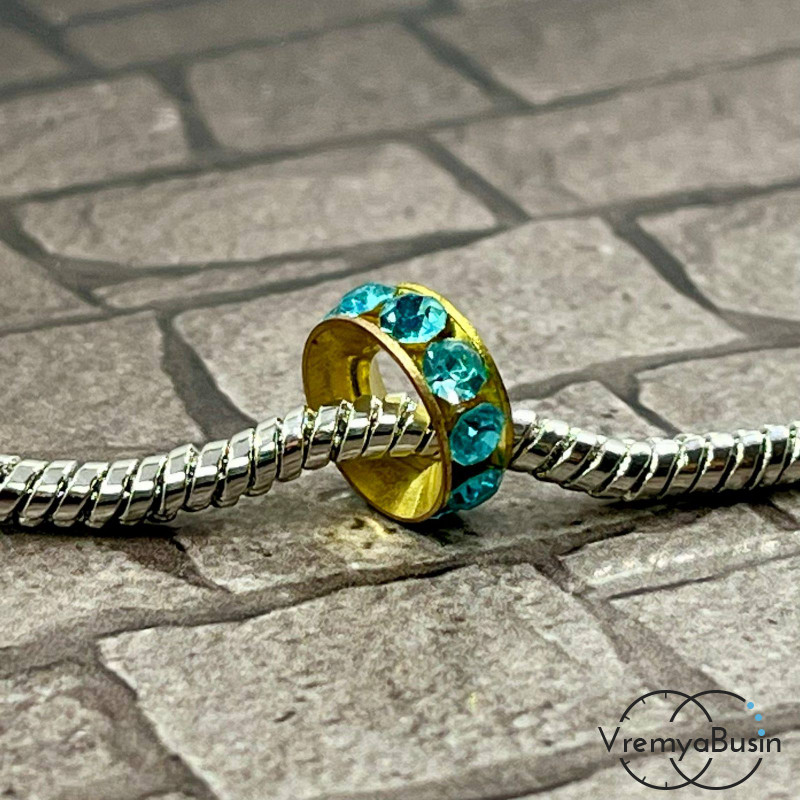 Бусина металлическая со стразами, кольцо 10х4 мм, цв. бирюзовый  (1 шт.)