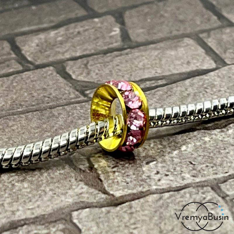 Бусина металлическая со стразами, кольцо 10х4 мм, цв. розовый  (1 шт.)