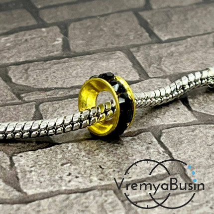 Бусина металлическая со стразами, кольцо 10х4 мм, цв. черный  (1 шт.)