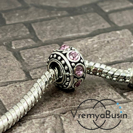 Бусина металлическая со стразами, 10х6 мм, цв. сиреневый  (1 шт.)