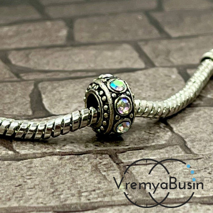 Бусина металлическая со стразами, 10х6 мм, цв. перламутровый (1 шт.)