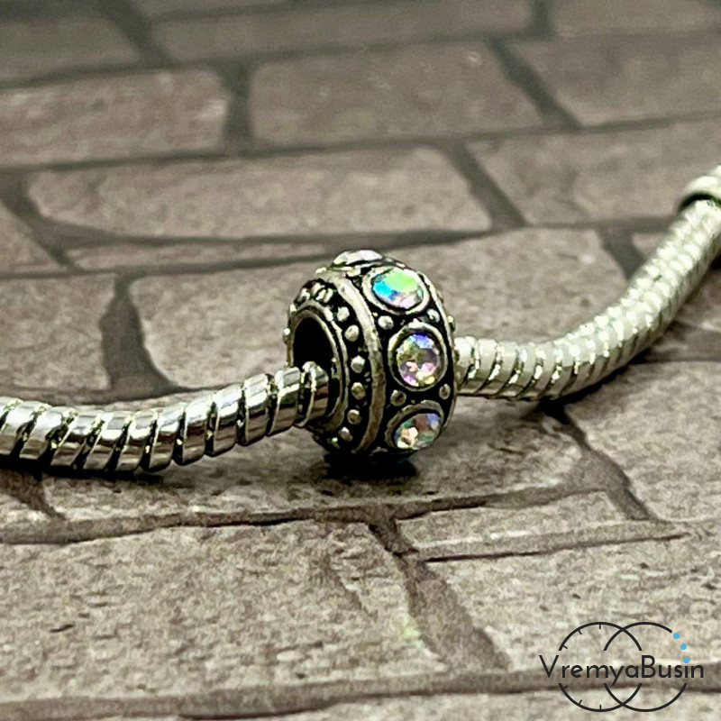 Бусина металлическая со стразами, 10х6 мм, цв. перламутровый (1 шт.)