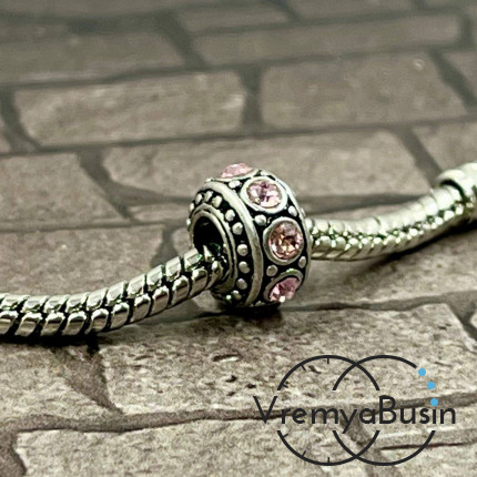 Бусина металлическая со стразами, 10х6 мм, цв. розовый  (1 шт.)