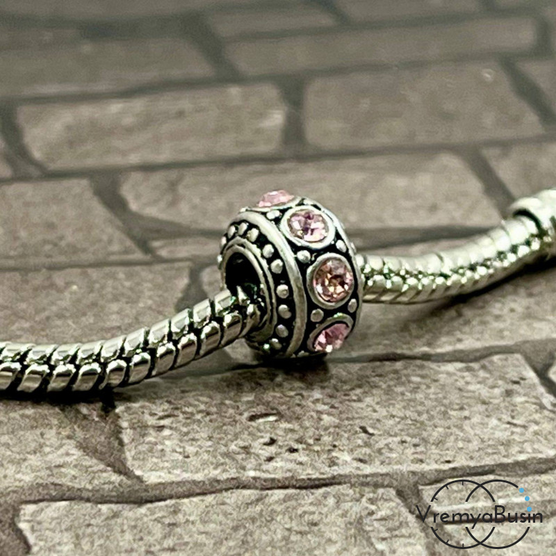 Бусина металлическая со стразами, 10х6 мм, цв. розовый  (1 шт.)