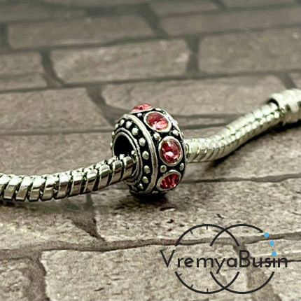 Бусина металлическая со стразами, 10х6 мм, цв. фуксия (1 шт.)