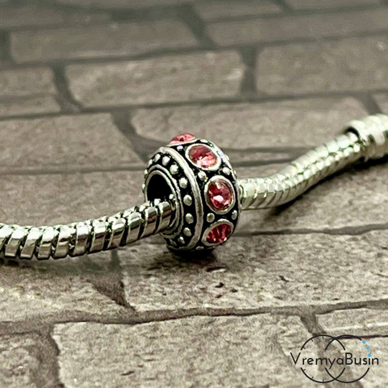 Бусина металлическая со стразами, 10х6 мм, цв. фуксия (1 шт.)