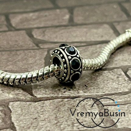 Бусина металлическая со стразами, 10х6 мм, цв. черный  (1 шт.)