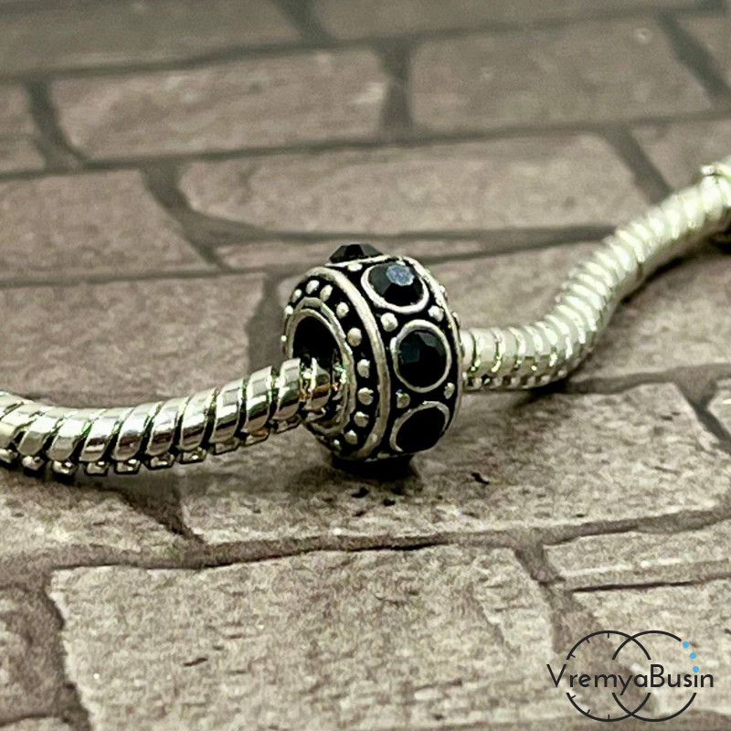 Бусина металлическая со стразами, 10х6 мм, цв. черный  (1 шт.)