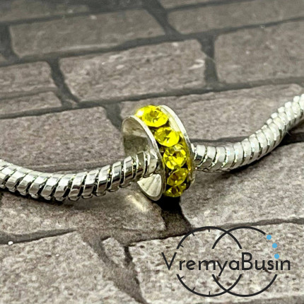 Бусина металлическая со стразами, кольцо 10х4 мм, цв. желтый  (1 шт.)