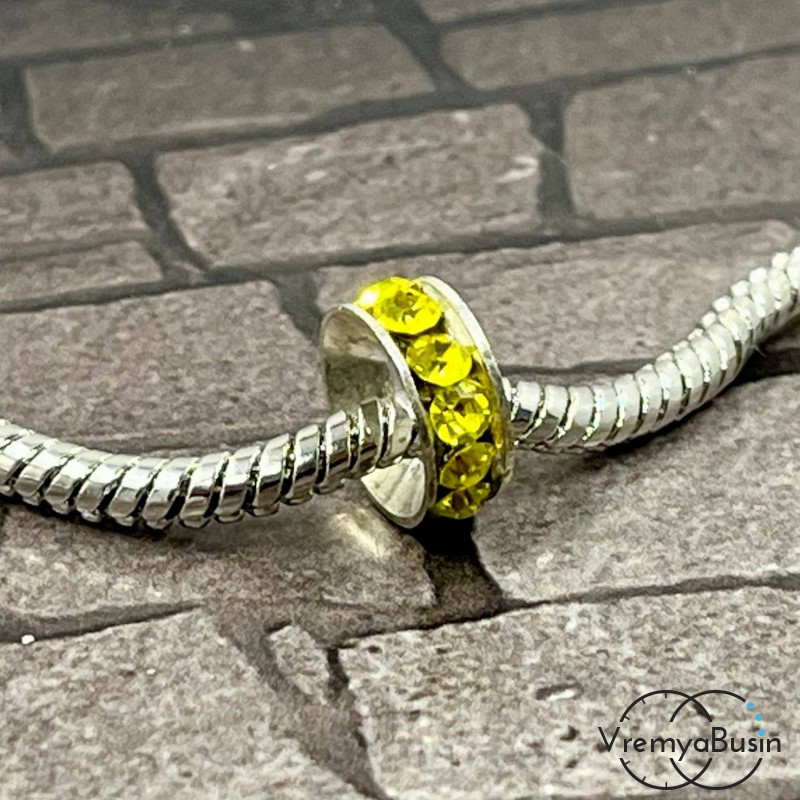 Бусина металлическая со стразами, кольцо 10х4 мм, цв. желтый  (1 шт.)