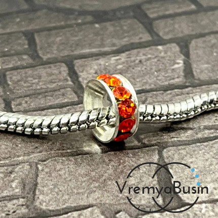 Бусина металлическая со стразами, кольцо 10х4 мм, цв. оранжевый  (1 шт.)