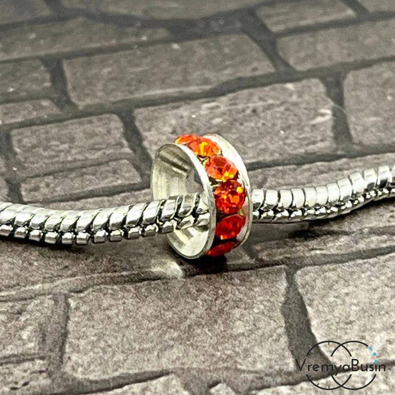 Бусина металлическая со стразами, кольцо 10х4 мм, цв. оранжевый  (1 шт.)