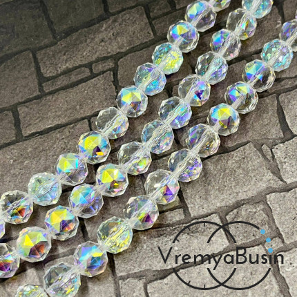 Бусины из граненого хрустального стекла, шарик 10 мм, цв. белый перламутровый (1/2 нити, ок. 20 шт.)