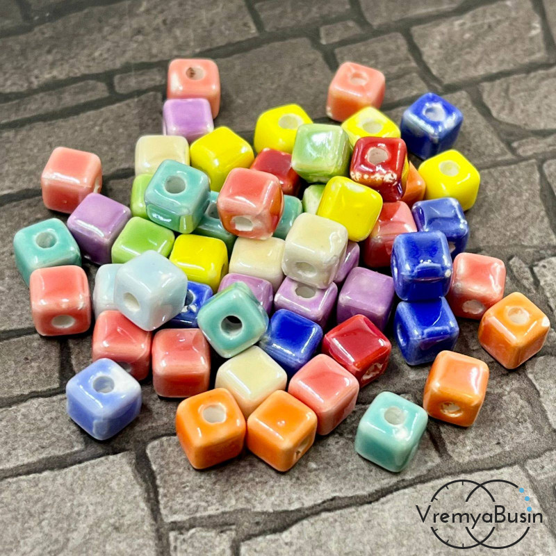 УЦЕНКА: Бусины керамические "Кубик", 6х6 мм, цв. микс (1    шт.)