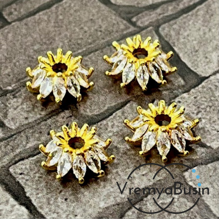 Шапочки для бусин с фианитами, 11х5 мм, латунь с позолотой (1 шт.)