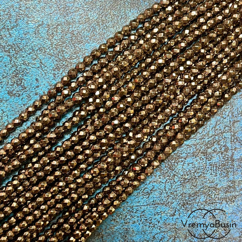 Гематит, шарик граненый 4 мм, цв. коричневый (нить, ок. 95 шт.)