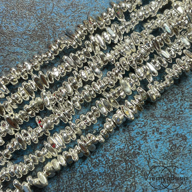 Гематит, галтовка  ок. 8х4 мм, цв.  яркое серебро  (нить, ок. 125 шт.)