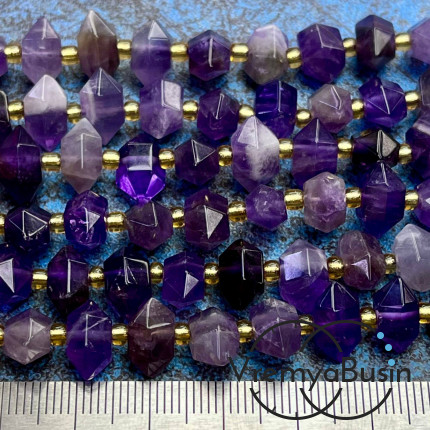 Аметист, бусины с огранкой кристалл, ок. 12х6х6 мм (1/2 нити, ок. 22 шт.)