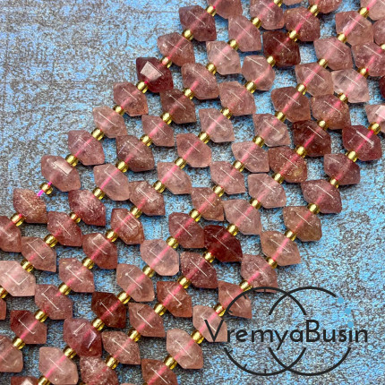 Клубничный кварц, бусины с огранкой кристалл, ок. 12х6х6 мм (1/2 нити, ок. 22 шт.)