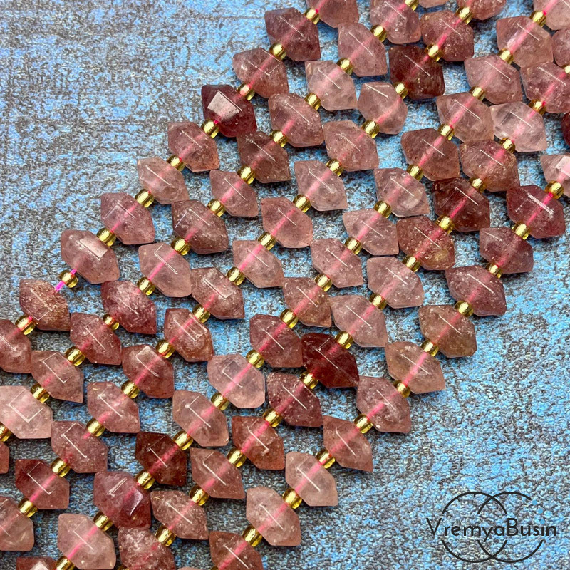 Клубничный кварц, бусины с огранкой кристалл, ок. 12х6х6 мм (1/2 нити, ок. 22 шт.)