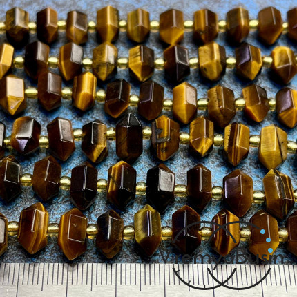 Тигровый глаз, бусины с огранкой кристалл, ок. 12х6х6 мм (1/2 нити, ок. 22 шт.)