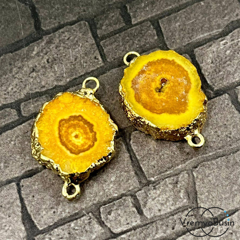 Коннектор из жеоды агата в металле под золото, ок. 20х25 мм, цв. желтый (1 шт.)