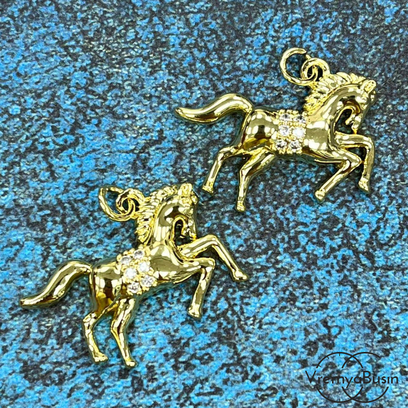 Подвеска "Лошадь", 25х20 мм, из латуни  с позолотой и фианитами (1 шт.)