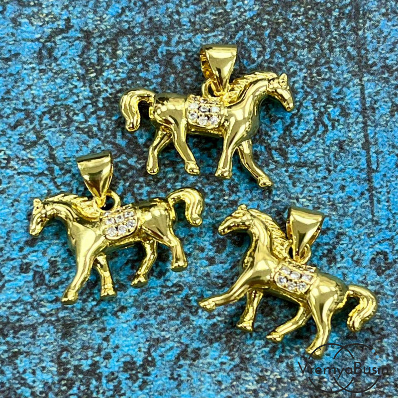 Подвеска "Лошадь", 20х12 мм, из латуни  с позолотой и фианитами (1 шт.)