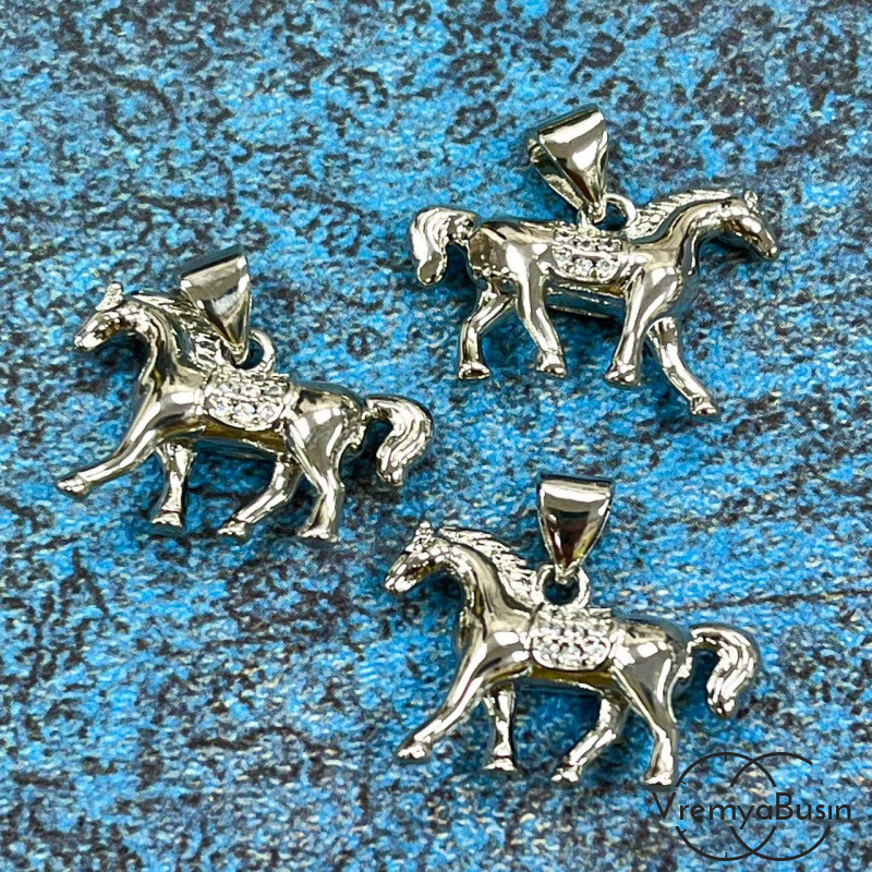 Подвеска "Лошадь", 20х12 мм, из латуни с родиевым покрытием и фианитами (1 шт.)