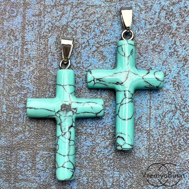 Говлит, имит. бирюзы. Подвеска из камня "Крест", ок. 40х28х7 мм (1 шт.)