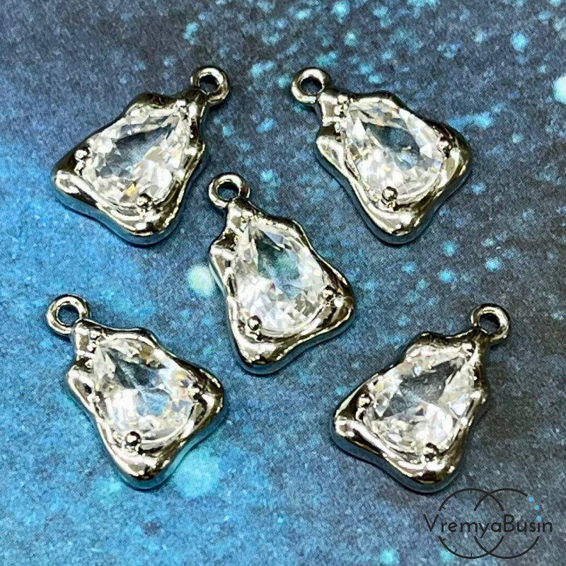 Подвеска с фианитом, капля 14х9 мм, латунь с родиевым покрытием  (1 шт.)