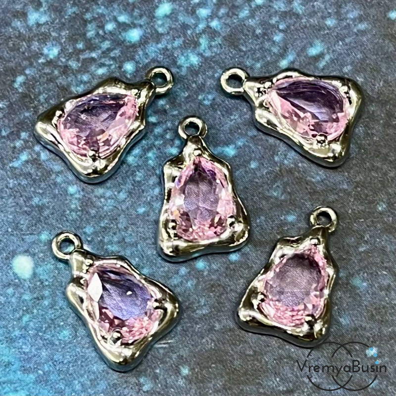 Подвеска с фианитом, капля 14х9 мм, латунь с родиевым покрытием, цв. розовый  (1 шт.)