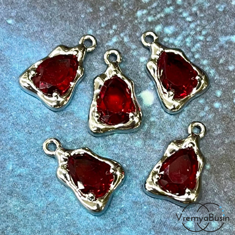 Подвеска с фианитом, капля 14х9 мм, латунь с родиевым покрытием, цв. красный  (1 шт.)